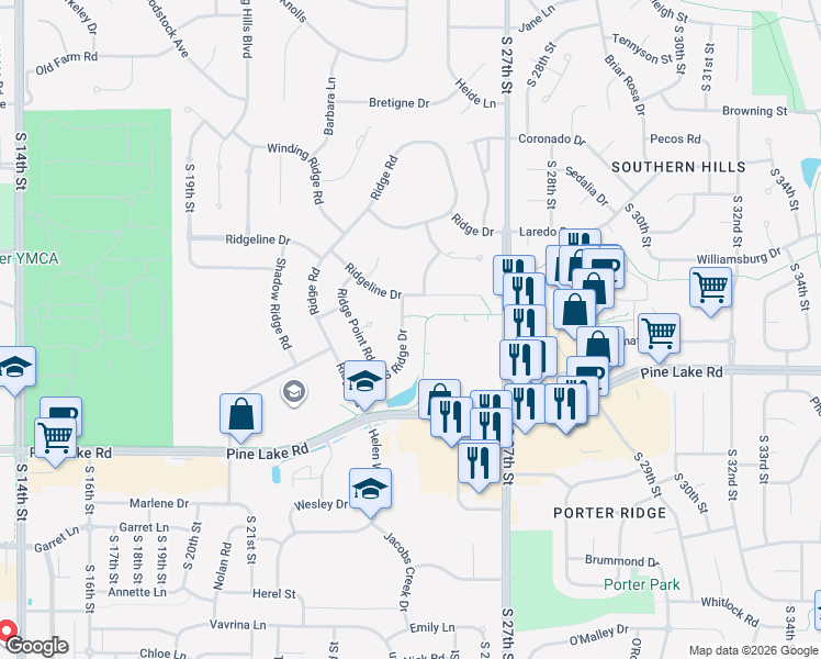 map of restaurants, bars, coffee shops, grocery stores, and more near 6741 South Ridge Drive in Lincoln