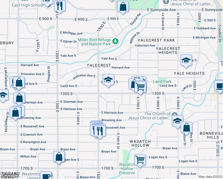 map of restaurants, bars, coffee shops, grocery stores, and more near 1571 East 1300 South in Salt Lake City