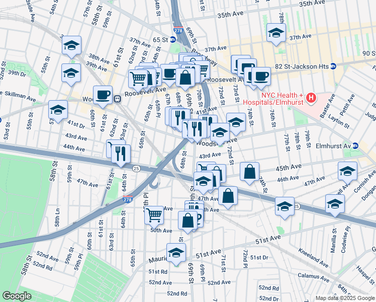 map of restaurants, bars, coffee shops, grocery stores, and more near 43-08 69th Street in Queens