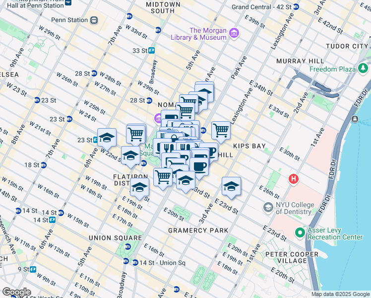 map of restaurants, bars, coffee shops, grocery stores, and more near 340 Park Avenue South in New York