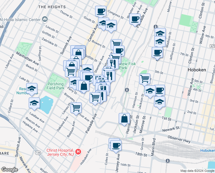 map of restaurants, bars, coffee shops, grocery stores, and more near 398 Palisade Avenue in Jersey City