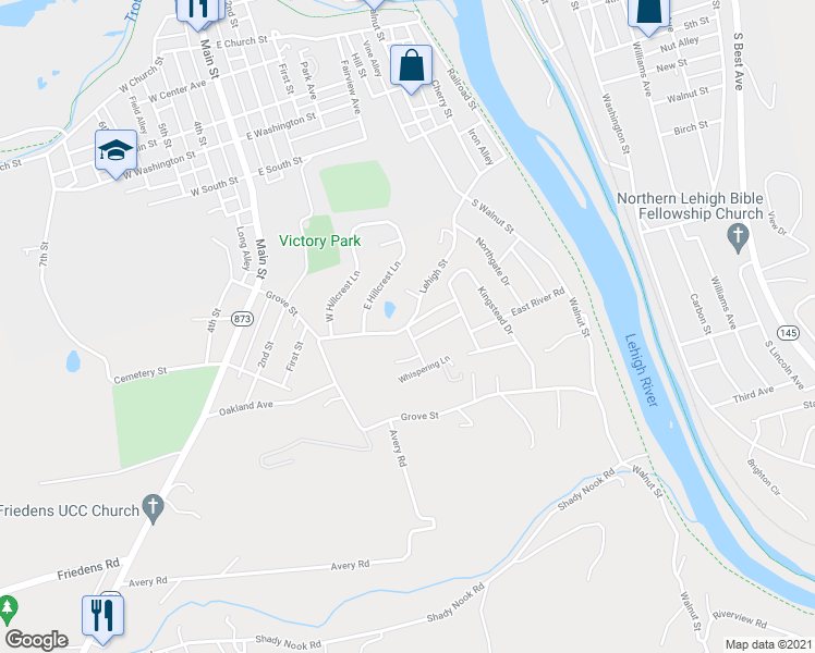 map of restaurants, bars, coffee shops, grocery stores, and more near 2651 Lehigh Street in Slatington