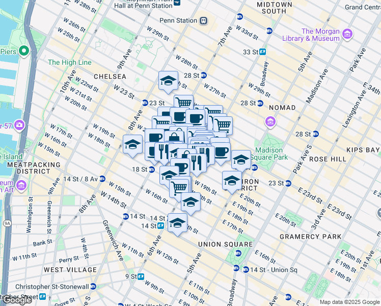 map of restaurants, bars, coffee shops, grocery stores, and more near 117 East 21st Street in New York