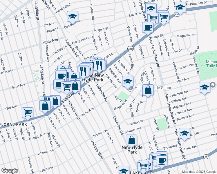 map of restaurants, bars, coffee shops, grocery stores, and more near 21 Manly Place in New Hyde Park