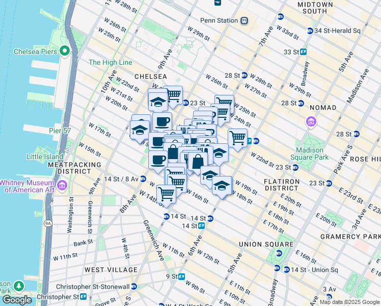 map of restaurants, bars, coffee shops, grocery stores, and more near in New York