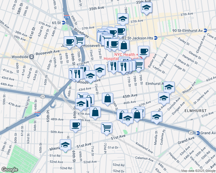 map of restaurants, bars, coffee shops, grocery stores, and more near 43-02 74th Street in Queens