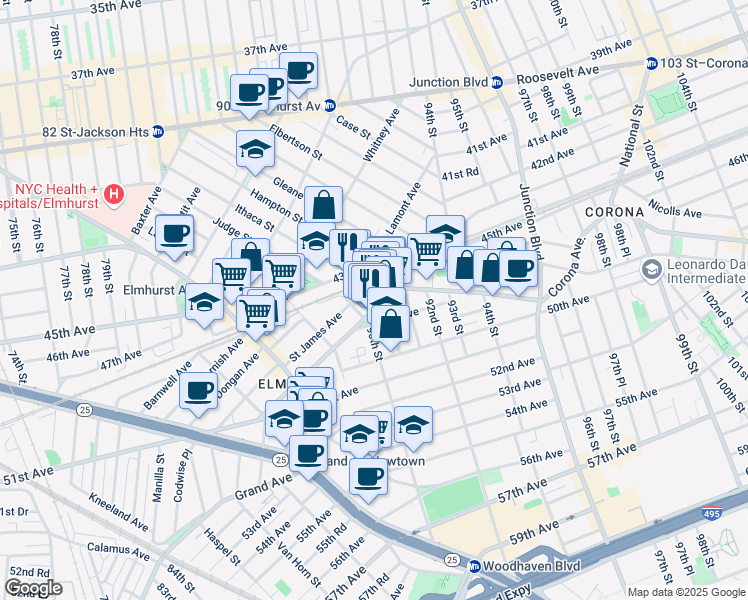 map of restaurants, bars, coffee shops, grocery stores, and more near 90-31 Corona Avenue in Queens