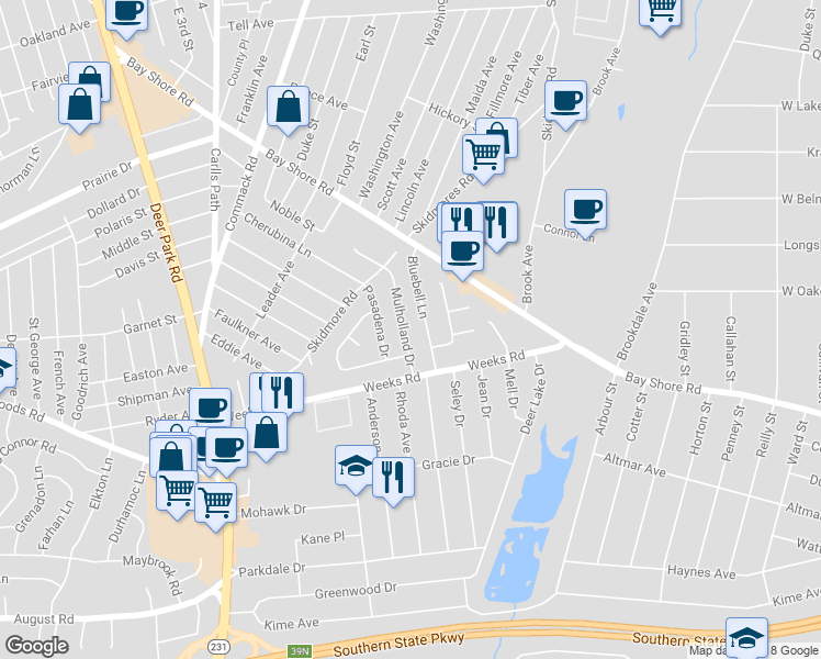 map of restaurants, bars, coffee shops, grocery stores, and more near 10 Bluebell Lane in North Babylon