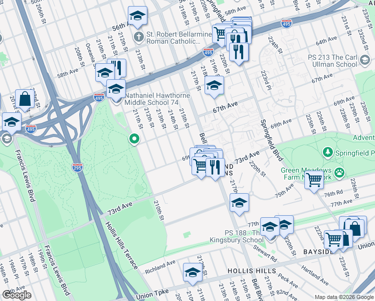 map of restaurants, bars, coffee shops, grocery stores, and more near 213-14 69th Avenue in Queens