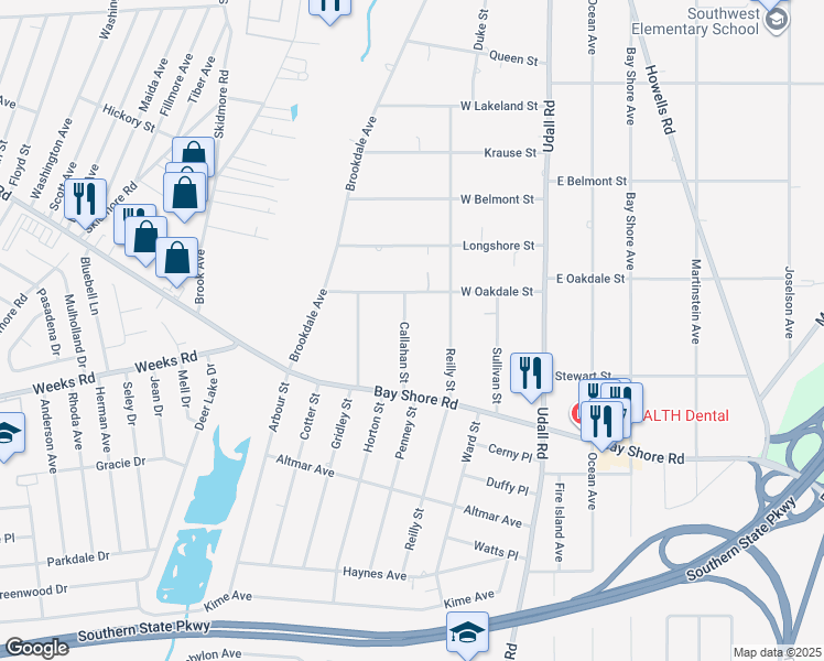 map of restaurants, bars, coffee shops, grocery stores, and more near 1063 Callahan Street in Bay Shore