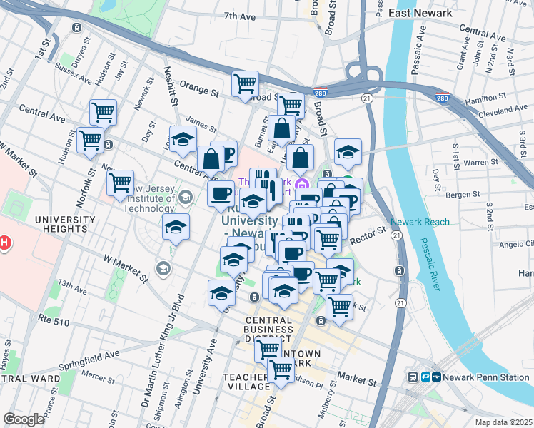 map of restaurants, bars, coffee shops, grocery stores, and more near in Newark