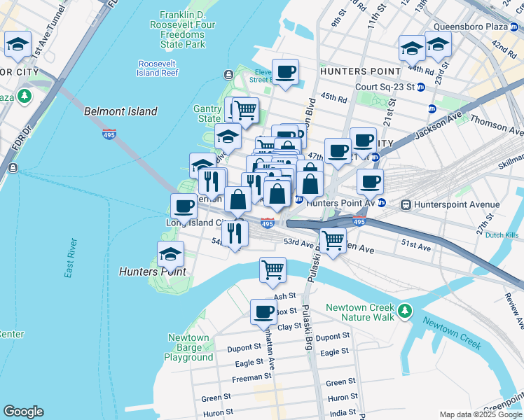 map of restaurants, bars, coffee shops, grocery stores, and more near 404 Borden Avenue in Queens