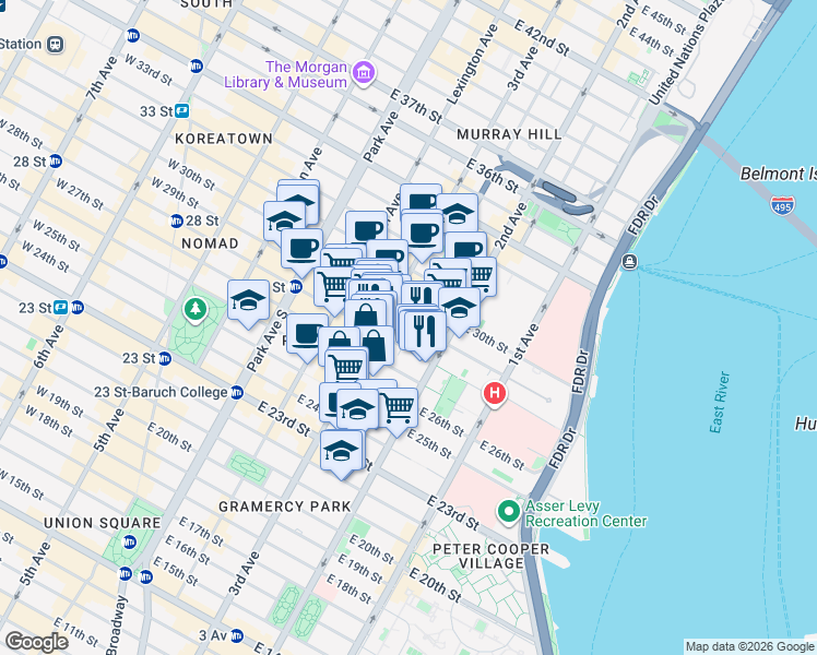 map of restaurants, bars, coffee shops, grocery stores, and more near 216 East 28th Street in New York