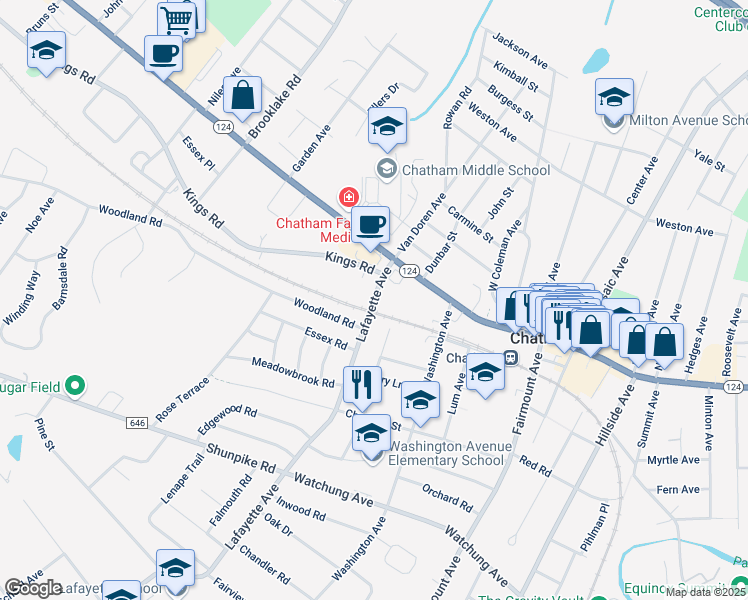 map of restaurants, bars, coffee shops, grocery stores, and more near 45 Lafayette Avenue in Chatham Township