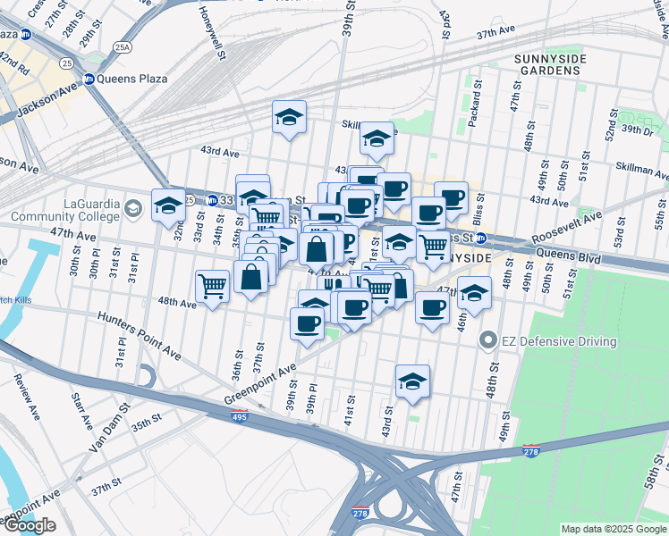 map of restaurants, bars, coffee shops, grocery stores, and more near 47-14 39th Place in Queens