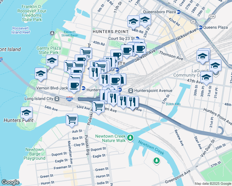 map of restaurants, bars, coffee shops, grocery stores, and more near 2100 49th Avenue in Queens