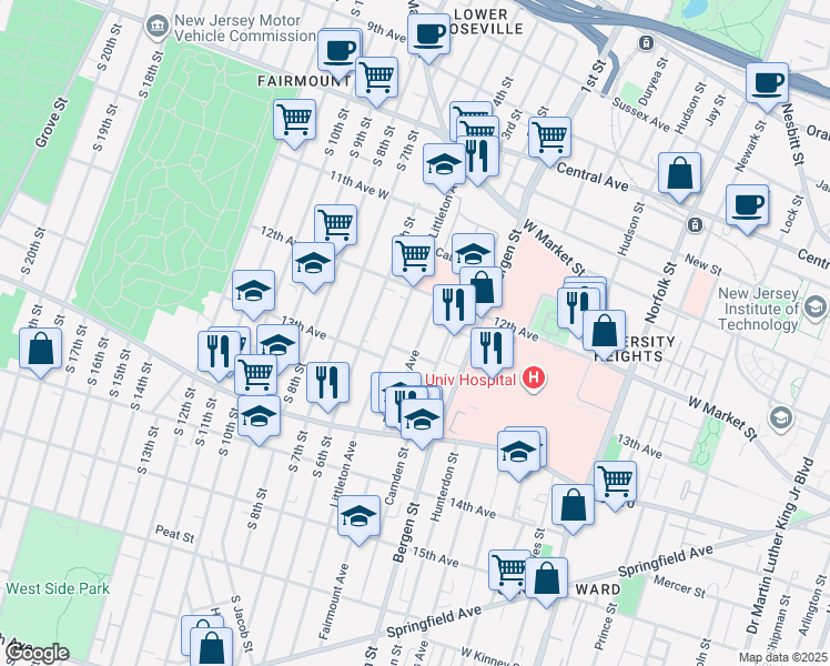 map of restaurants, bars, coffee shops, grocery stores, and more near 155 Fairmount Avenue in Newark