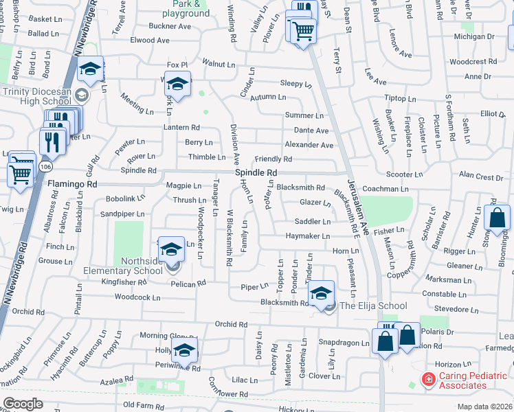 map of restaurants, bars, coffee shops, grocery stores, and more near 15 Family Lane in Levittown
