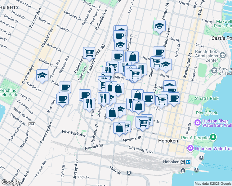 map of restaurants, bars, coffee shops, grocery stores, and more near 300 Madison Street in Hoboken