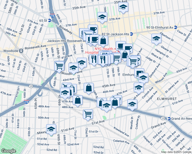 map of restaurants, bars, coffee shops, grocery stores, and more near 74-12 44th Avenue in Queens