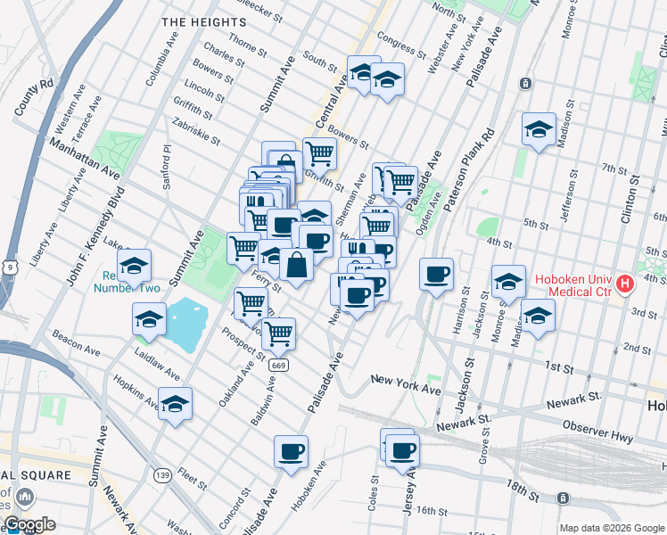 map of restaurants, bars, coffee shops, grocery stores, and more near 63 Franklin Street in Jersey City