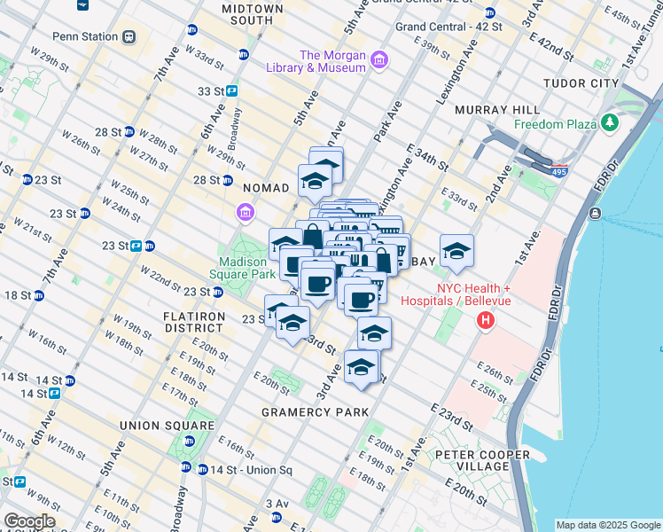 map of restaurants, bars, coffee shops, grocery stores, and more near 120 East 27th Street in New York