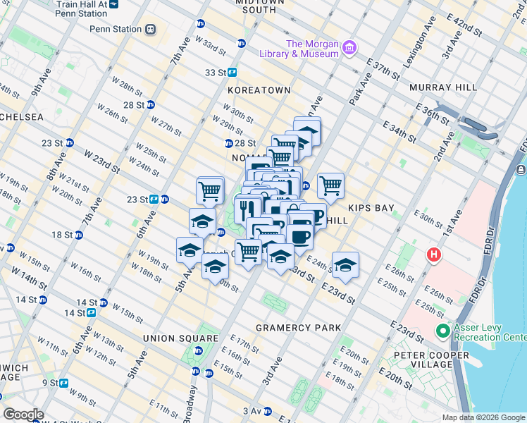 map of restaurants, bars, coffee shops, grocery stores, and more near 27 Madison Avenue in New York