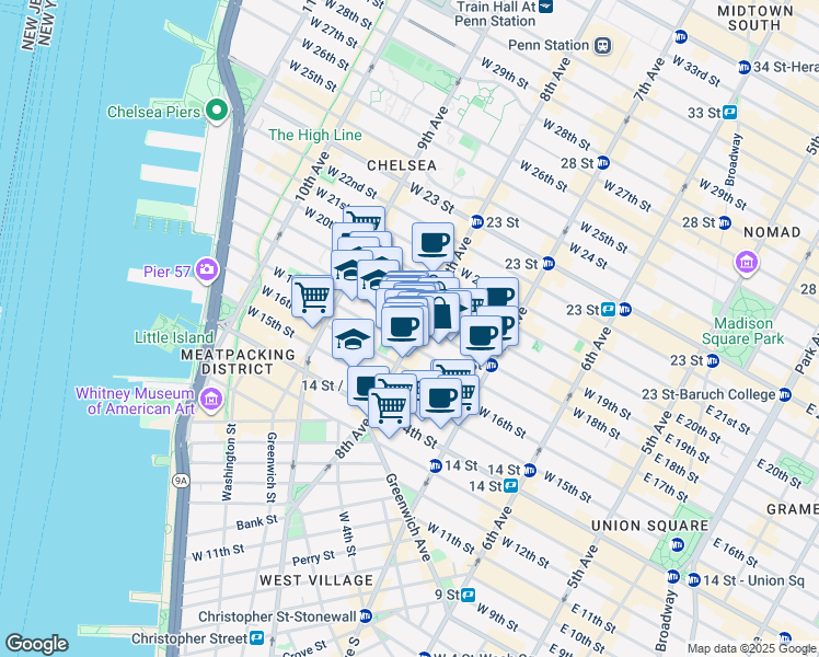 map of restaurants, bars, coffee shops, grocery stores, and more near 128 8th Avenue in New York