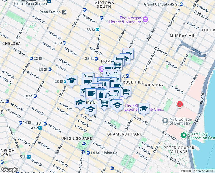 map of restaurants, bars, coffee shops, grocery stores, and more near Madison Avenue in New York
