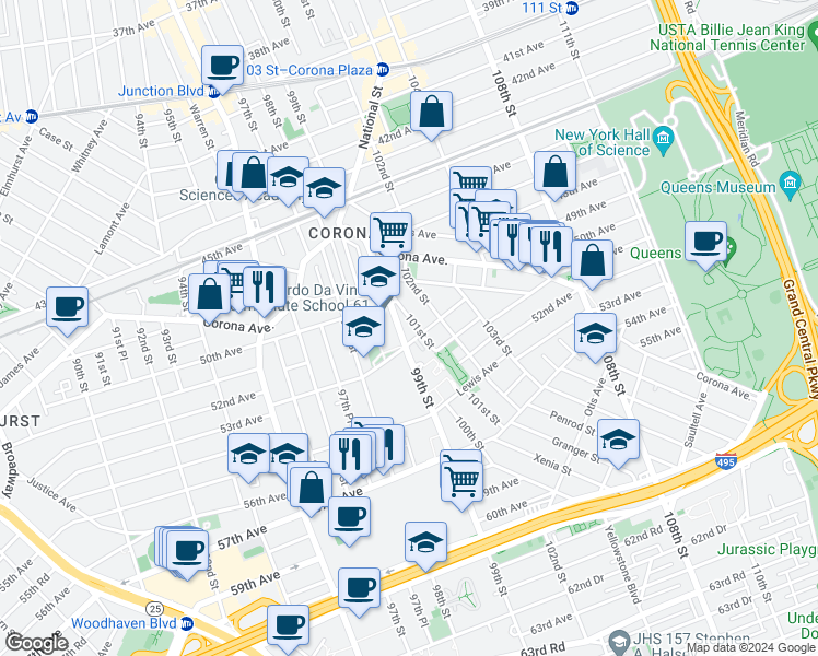map of restaurants, bars, coffee shops, grocery stores, and more near 50-26 101st Street in Queens