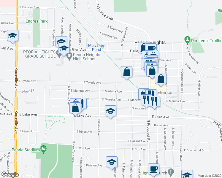 map of restaurants, bars, coffee shops, grocery stores, and more near 909 East Marietta Avenue in Peoria Heights