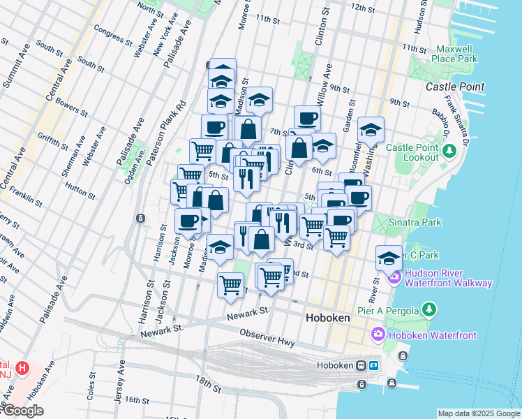 map of restaurants, bars, coffee shops, grocery stores, and more near in Hoboken