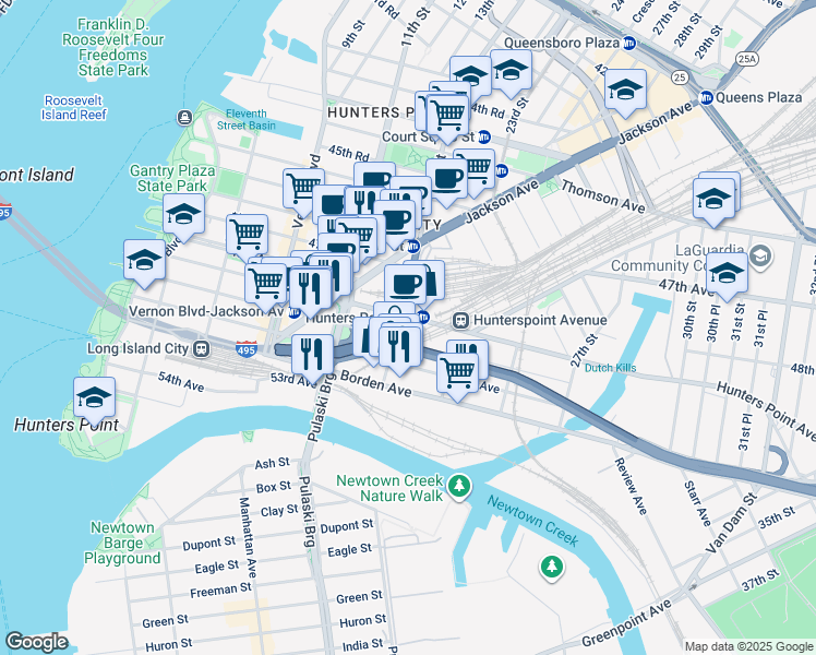 map of restaurants, bars, coffee shops, grocery stores, and more near 2100 49th Avenue in Queens