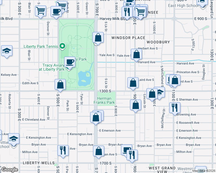 map of restaurants, bars, coffee shops, grocery stores, and more near 1237 South Lake Street in Salt Lake City