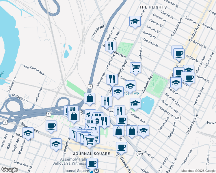 map of restaurants, bars, coffee shops, grocery stores, and more near 3181 John F. Kennedy Boulevard in North Bergen
