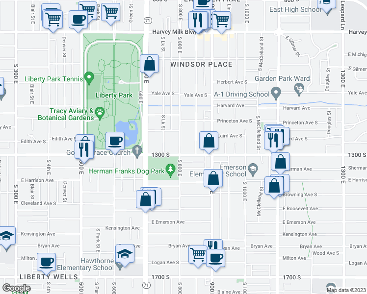 map of restaurants, bars, coffee shops, grocery stores, and more near 1229 800 East in Salt Lake City