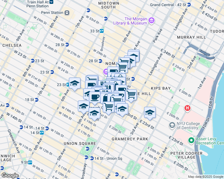 map of restaurants, bars, coffee shops, grocery stores, and more near Madison Avenue in New York
