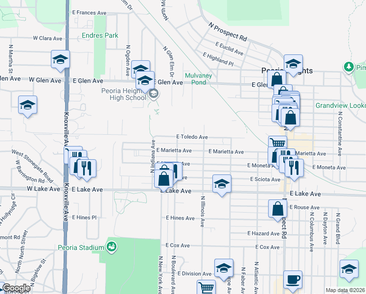 map of restaurants, bars, coffee shops, grocery stores, and more near 707 East Moneta Avenue in Peoria Heights