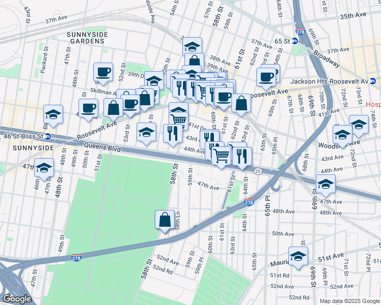 map of restaurants, bars, coffee shops, grocery stores, and more near 58-28 44th Avenue in Queens