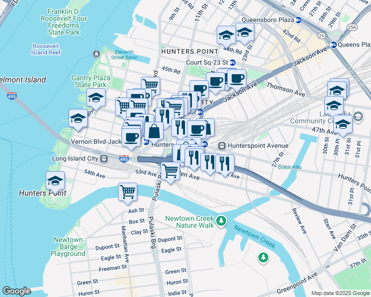 map of restaurants, bars, coffee shops, grocery stores, and more near 50-10 49th Avenue in Queens