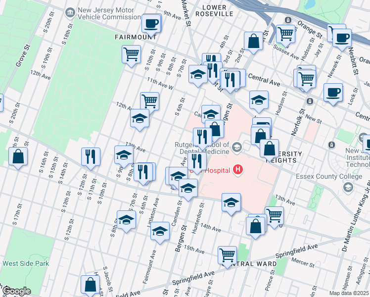 map of restaurants, bars, coffee shops, grocery stores, and more near 153 Fairmount Avenue in Newark