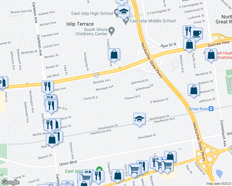map of restaurants, bars, coffee shops, grocery stores, and more near 106 Adams Street East in East Islip