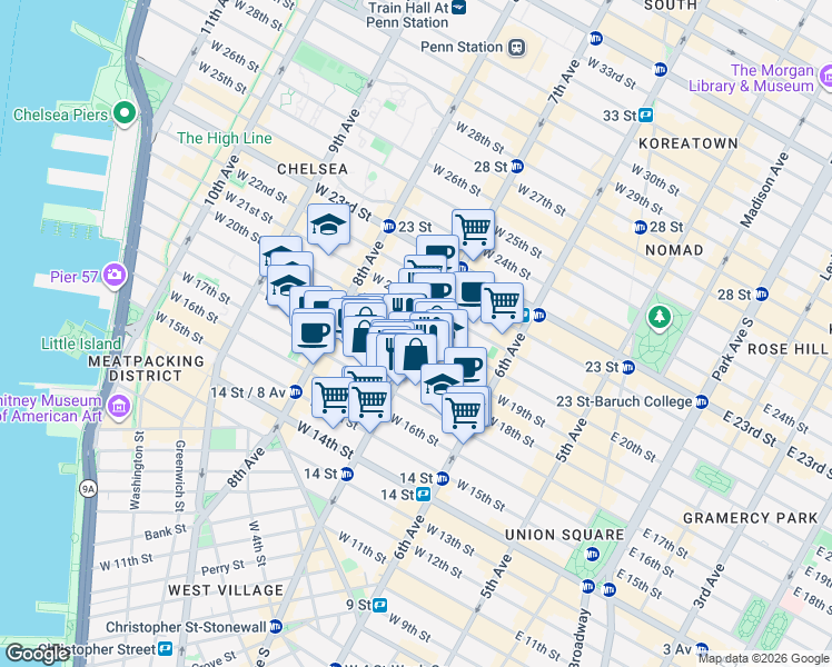 map of restaurants, bars, coffee shops, grocery stores, and more near in New York