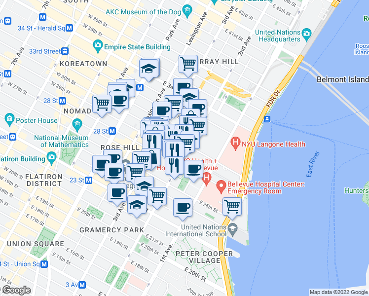 map of restaurants, bars, coffee shops, grocery stores, and more near 515 2nd Avenue in New York