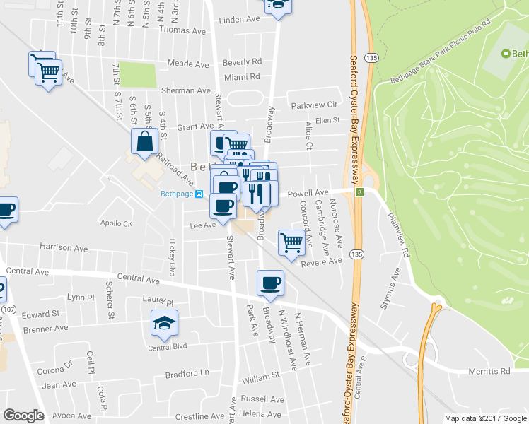 map of restaurants, bars, coffee shops, grocery stores, and more near 330 Broadway in Bethpage