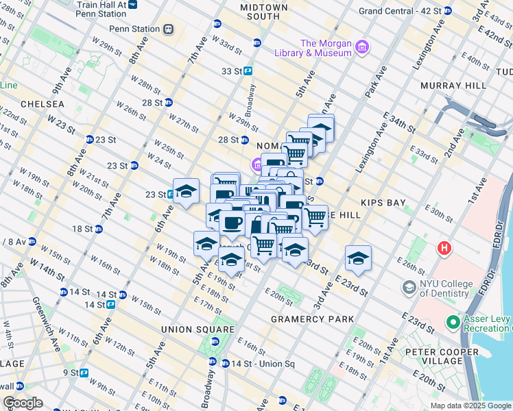 map of restaurants, bars, coffee shops, grocery stores, and more near 11 Madison Avenue in New York