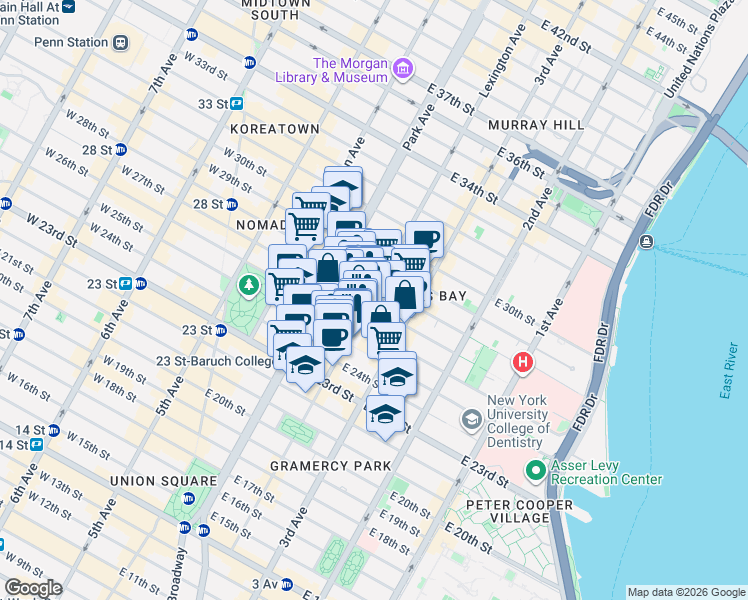 map of restaurants, bars, coffee shops, grocery stores, and more near in New York