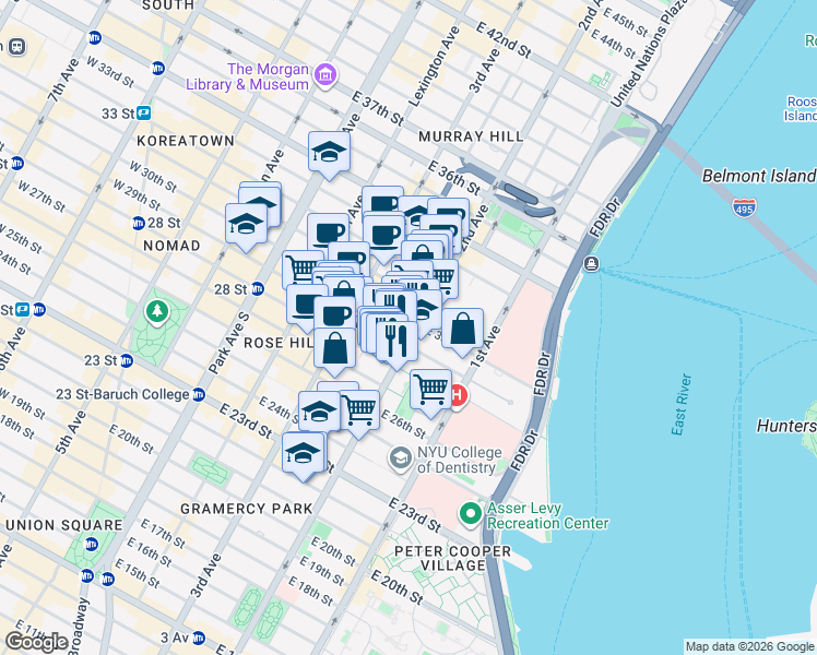 map of restaurants, bars, coffee shops, grocery stores, and more near 250 East 30th Street in New York