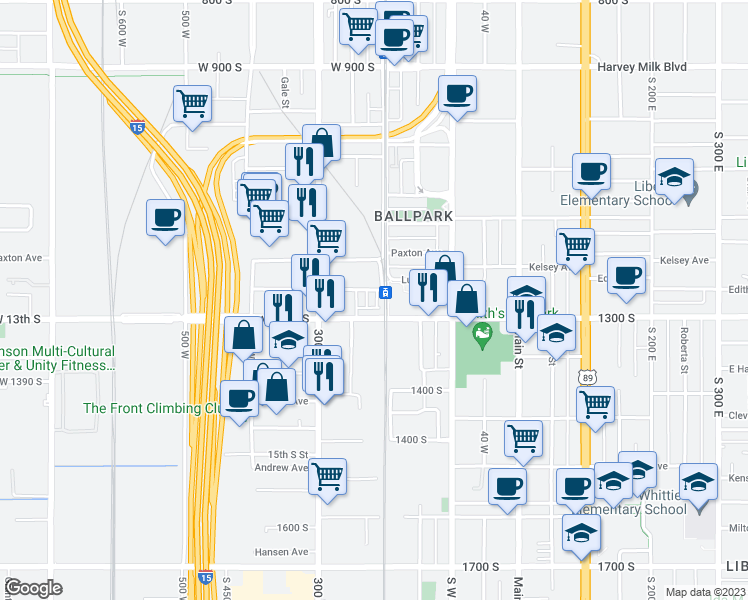 map of restaurants, bars, coffee shops, grocery stores, and more near 230 West 1300 South Street in Salt Lake City