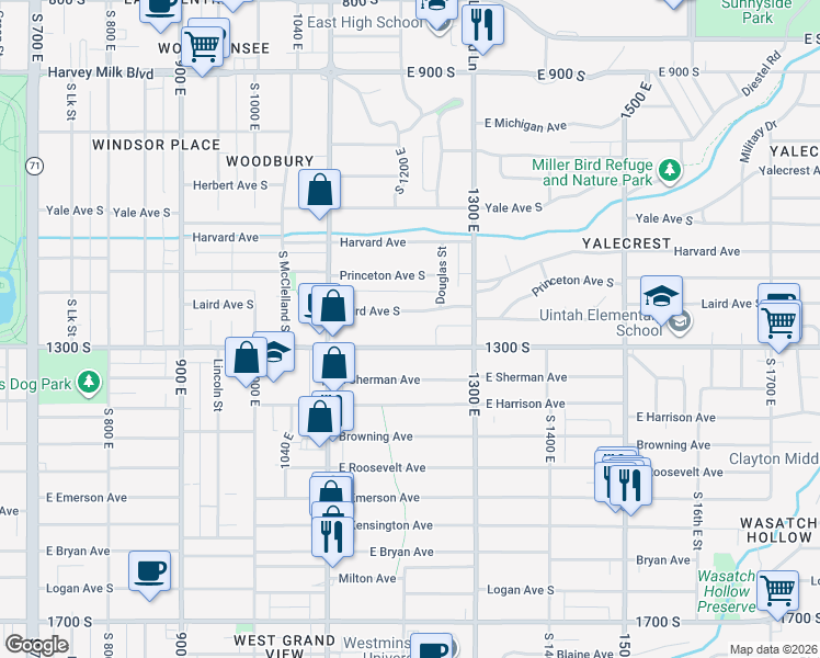 map of restaurants, bars, coffee shops, grocery stores, and more near 1216 East 1300 South in Salt Lake City